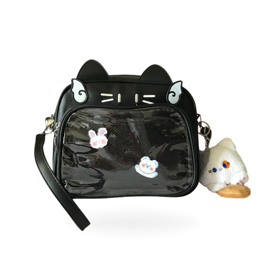 Mochila Bolso Kawaii Gatito con Llavero Blanco-Gris y Pins