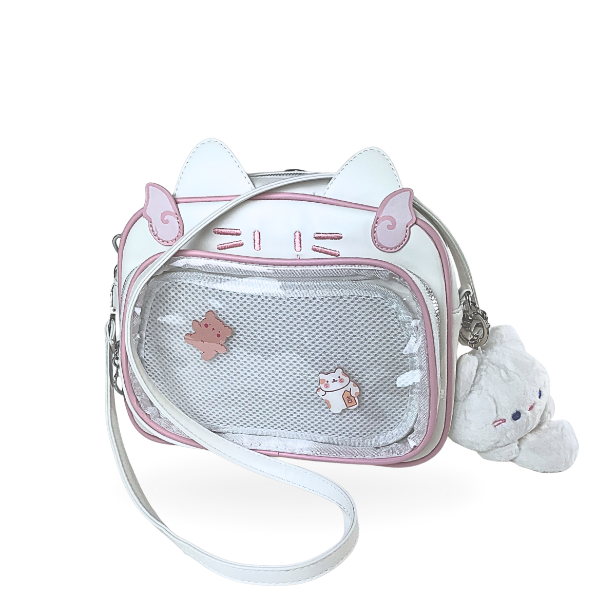 Mochila Bolso Kawaii Gatito con Llavero Blanco y Pins