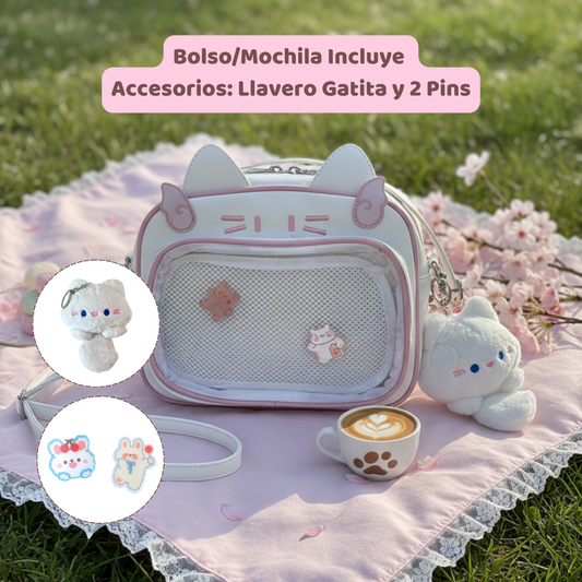 Mochila Bolso Kawaii Gatito con Llavero Blanco y Pins