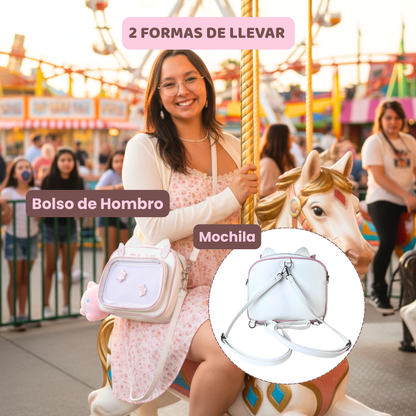 Mochila Bolso Kawaii Gatito con Llavero Blanco y Pins