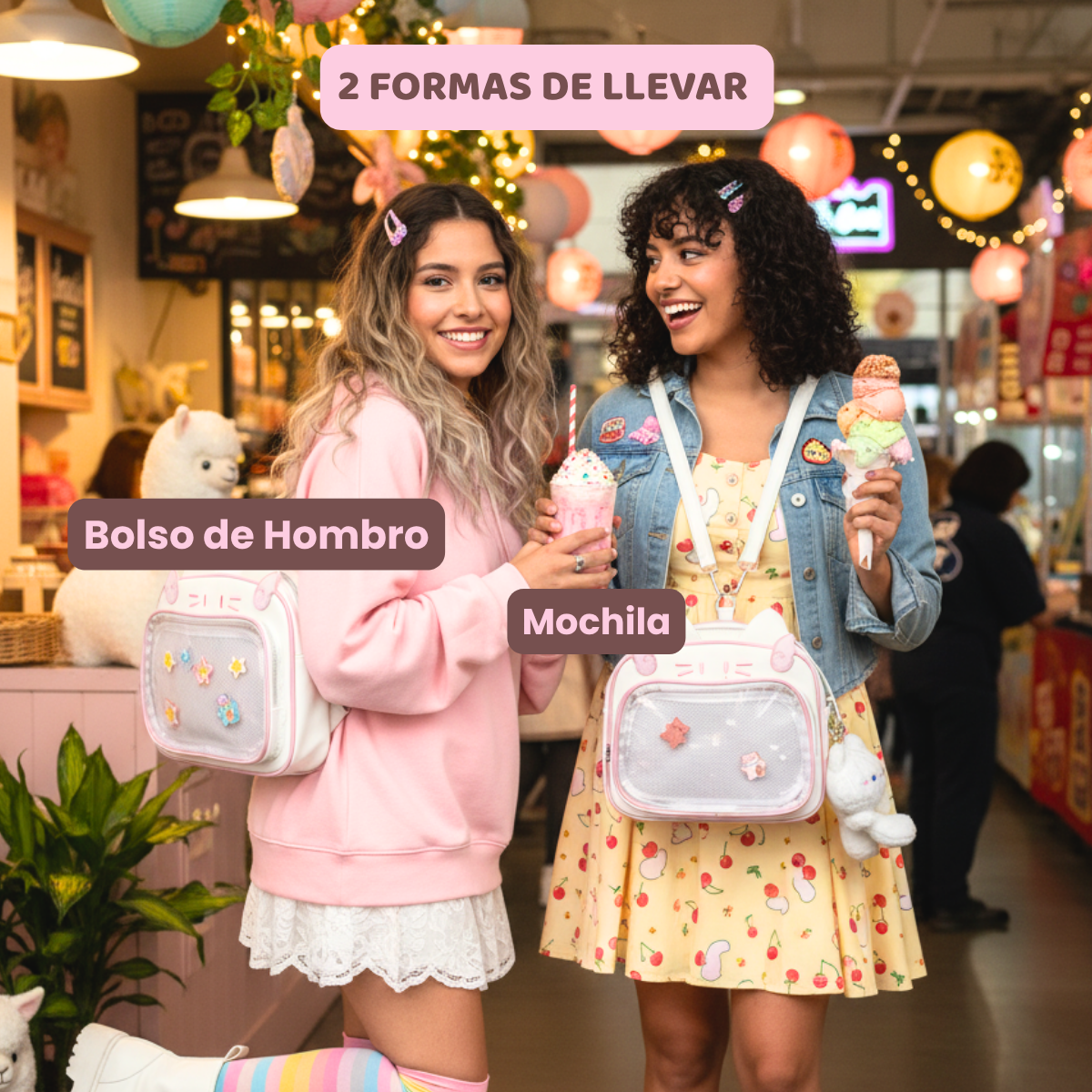 Mochila Bolso Kawaii Gatito con Llavero Blanco y Pins