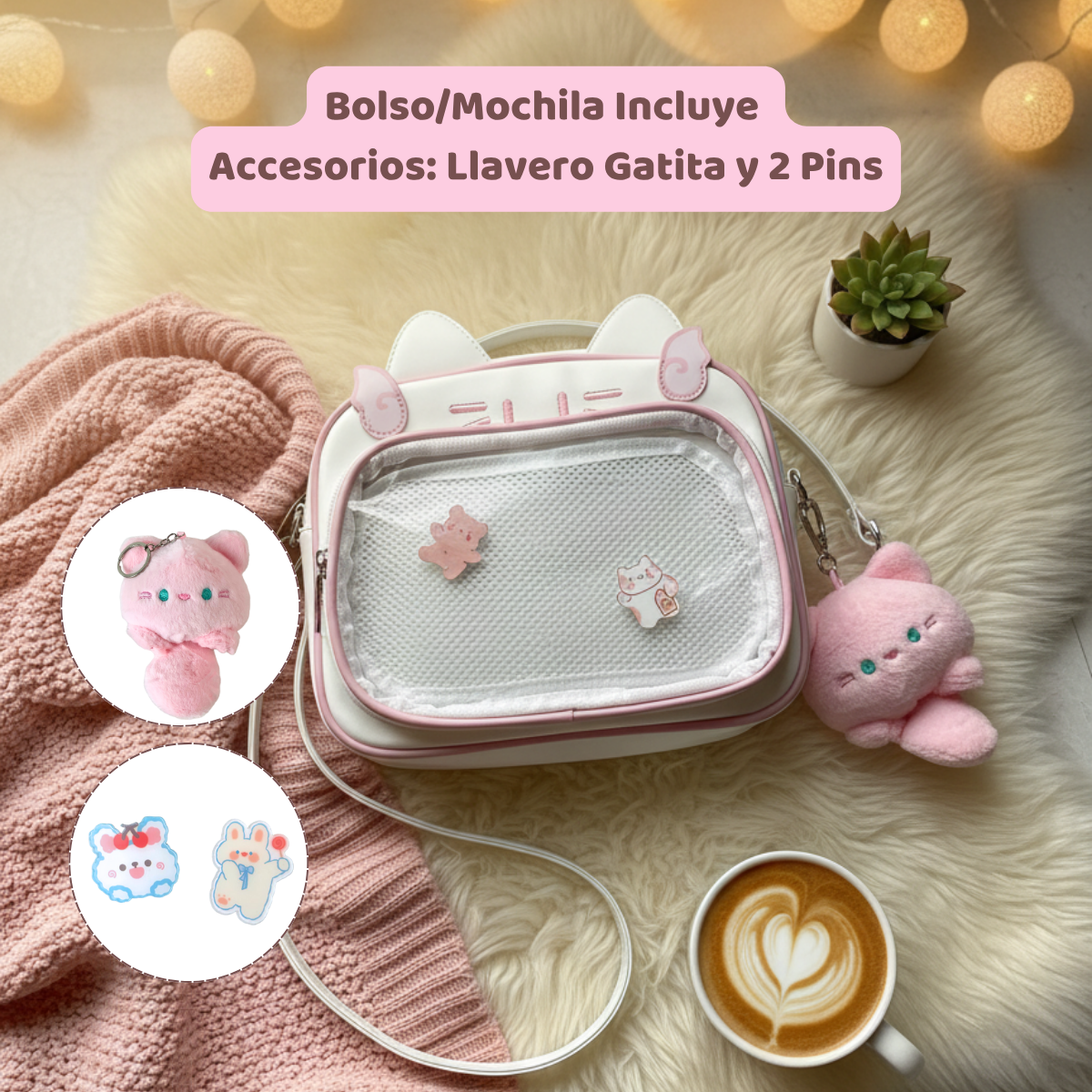 Mochila Bolso Kawaii Gatito con Llavero Rosa y Pins