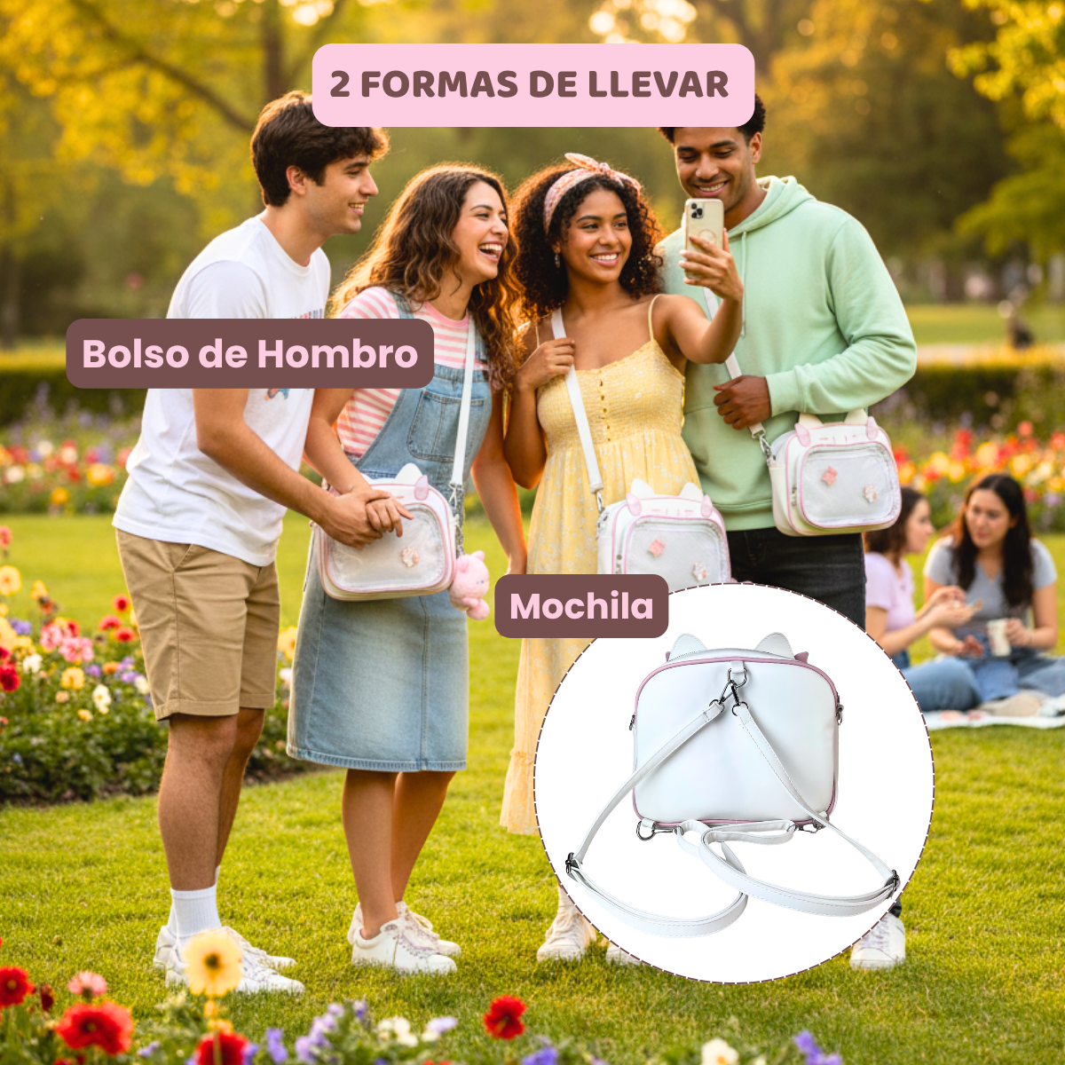 Mochila Bolso Kawaii Gatito con Llavero Rosa y Pins