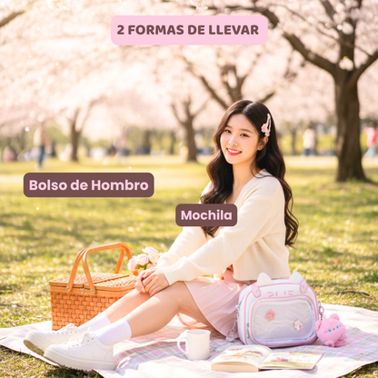 Mochila Bolso Kawaii Gatito con Llavero Rosa y Pins