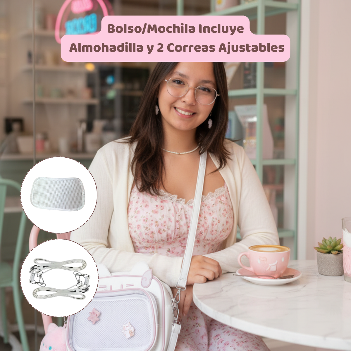 Mochila Bolso Kawaii Gatito con Llavero Rosa y Pins