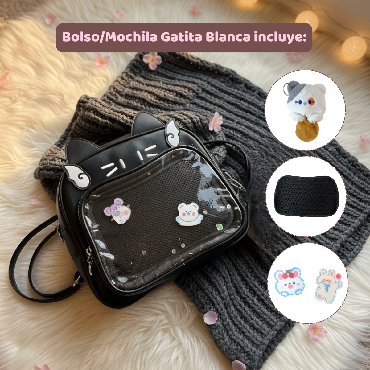 Mochila Bolso Kawaii Gatito con Llavero Blanco-Gris y Pins
