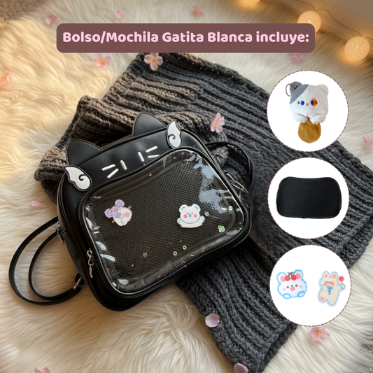 Mochila Bolso Kawaii Gatito con Llavero Blanco-Gris y Pins