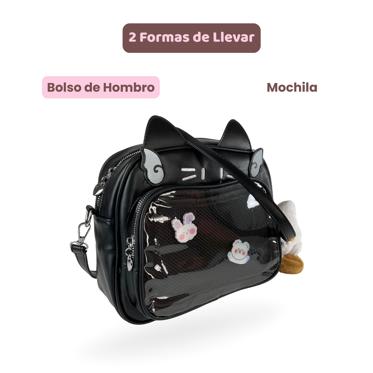 Mochila Bolso Kawaii Gatito con Llavero Blanco-Gris y Pins