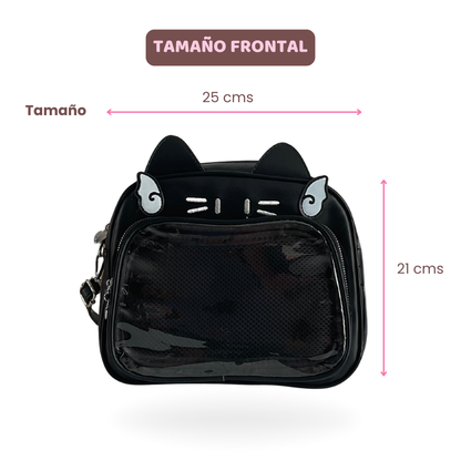 Mochila Bolso Kawaii Gatito con Llavero Blanco-Gris y Pins